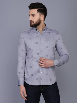 Grey Printed Chambray Formal Shirt