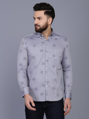 Grey Printed Chambray Formal Shirt