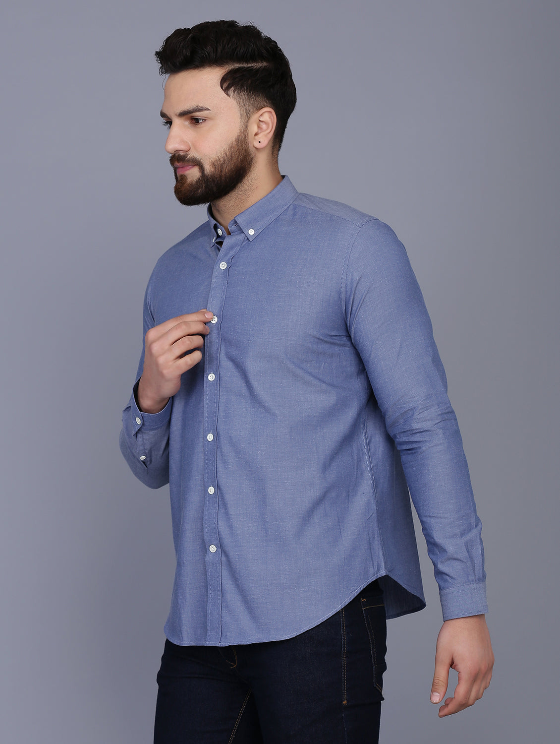 Blue Slim Fit Chambray Solid Formal Shirt