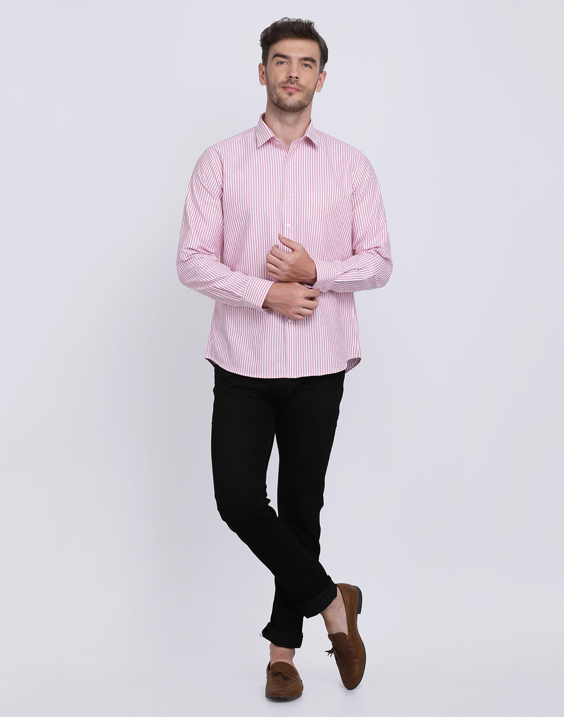 Cotton oxford Casual pink & white striped Shirt