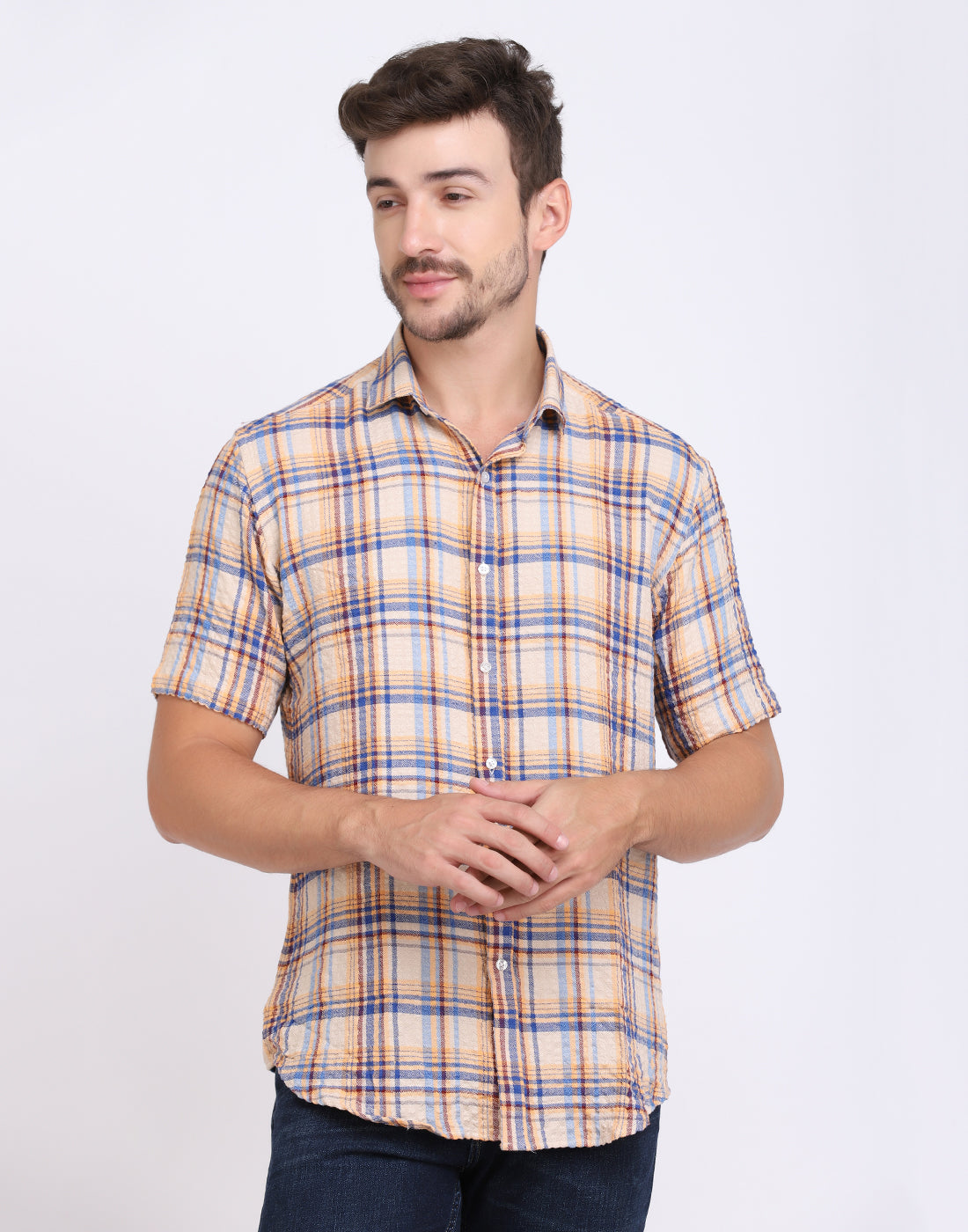 Beige Checkered Seersucker slim fit shirt