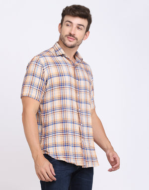 Beige Checkered Seersucker slim fit shirt
