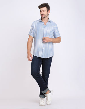 Blue & white vertical Striped Rayon shirt