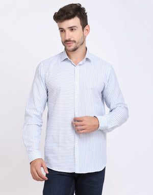 White & blue striped Cotton silver Lurex men’s shirt
