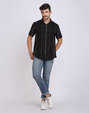 Black Multicolor Novelty Stripe Cotton Shirt