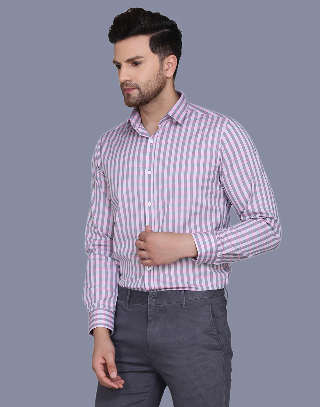 Checkered yarn dyed pink men’s shirt